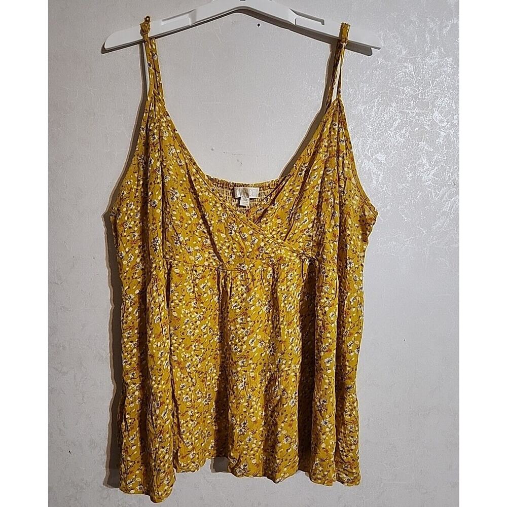 Chance Baby Doll Top Strappy Adjustable Crisscross V Neck 3X Yellow Floral